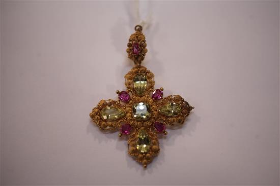 A late Victorian gold, ruby and green chrysoberyl set cross pendant, 2.5in.